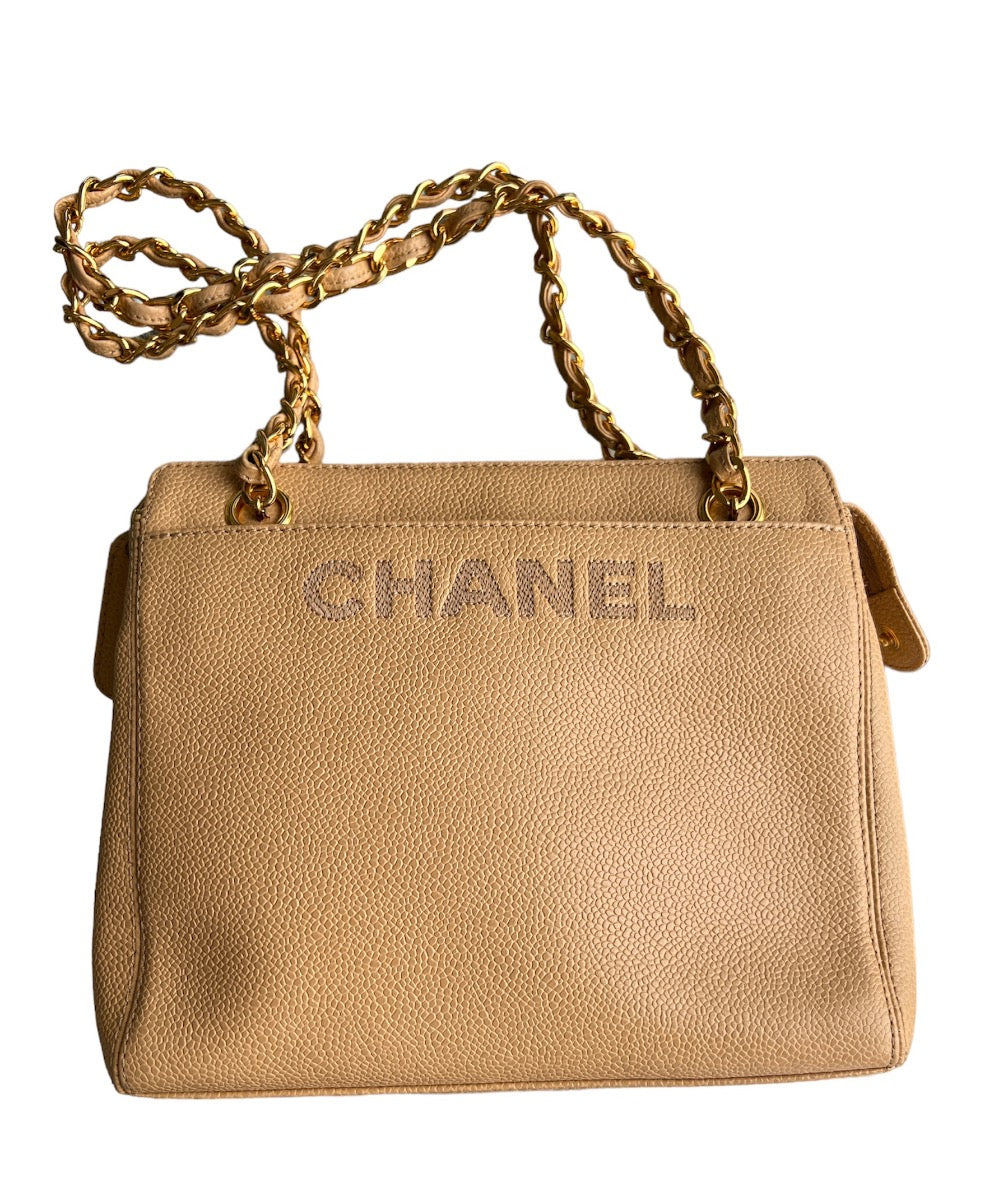 Chanel  Vintage Beige Caviar Logo Chain  small Tote Bag