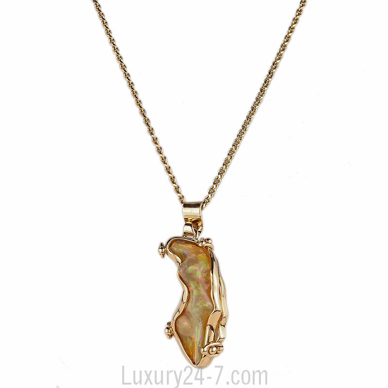 14K Fire Opal Caged Pendant Necklace