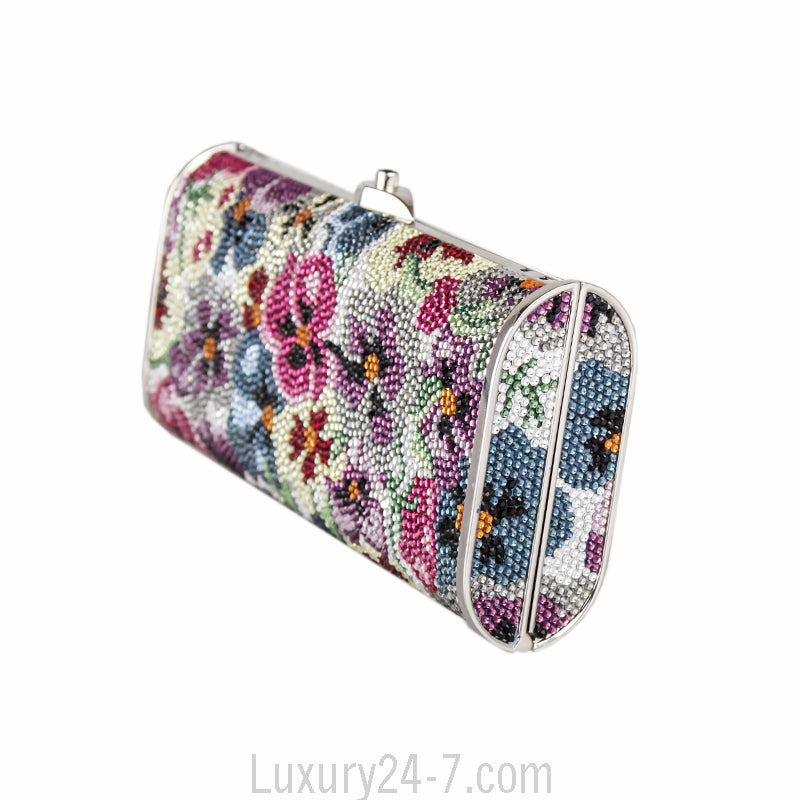 Judith Leiber Full Bead Multicolor Crystal Floral Minaudiere
