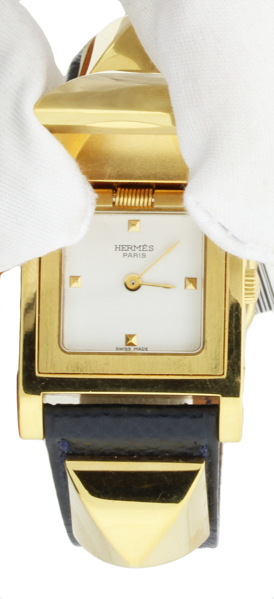 Hermes Medor Navy Leather Band Wrist Watch GHW