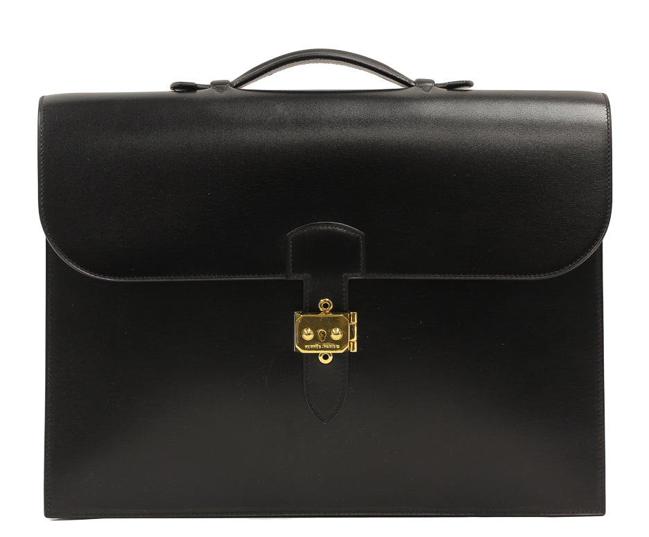 Hermes Black Box Calf Leather Sac a Depeches Double Gusset Briefcase Bag GHW