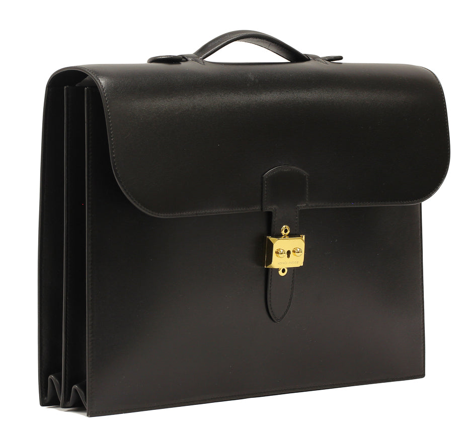 Hermes Black Box Calf Leather Sac a Depeches Double Gusset Briefcase Bag GHW