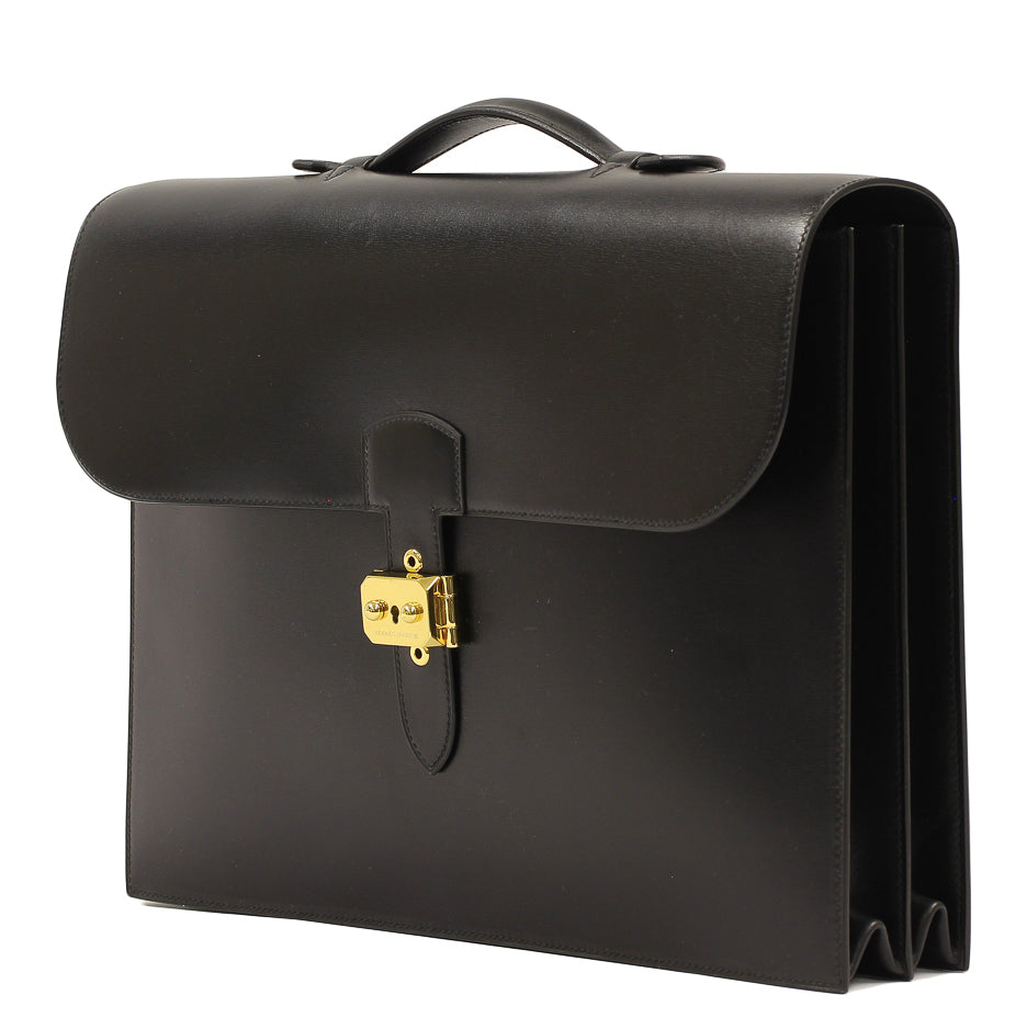 Hermes Black Box Calf Leather Sac a Depeches Double Gusset Briefcase Bag GHW