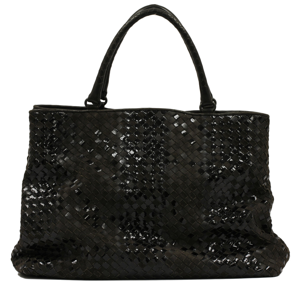Bottega Veneta Brown Suede and Black Patent Leather Intrecciato Large Tote Bag NWT