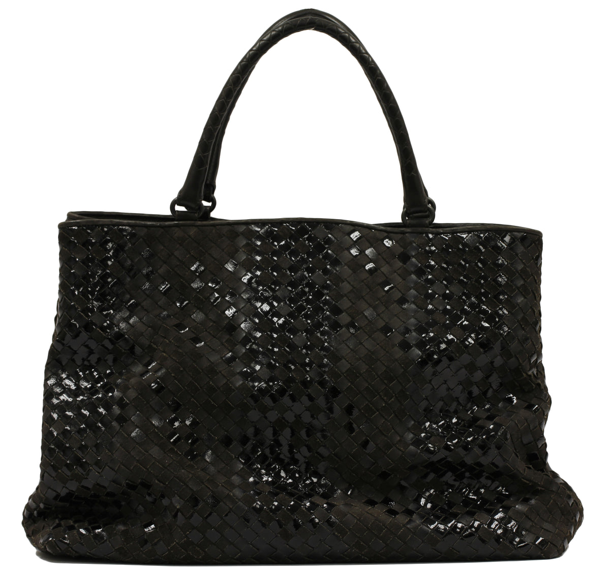 Bottega Veneta Brown Suede and Black Patent Leather Intrecciato Large Tote Bag NWT