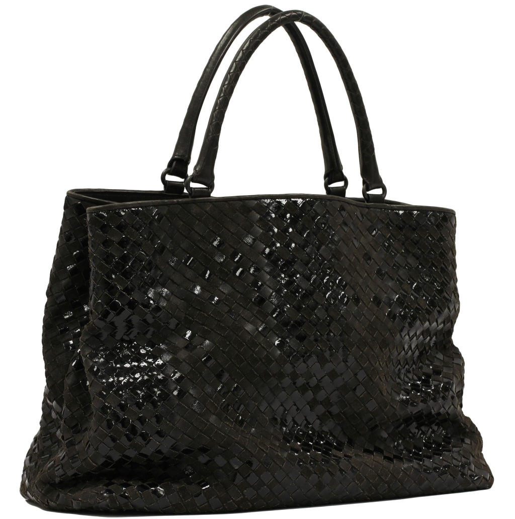 Bottega Veneta Brown Suede and Black Patent Leather Intrecciato Large Tote Bag NWT