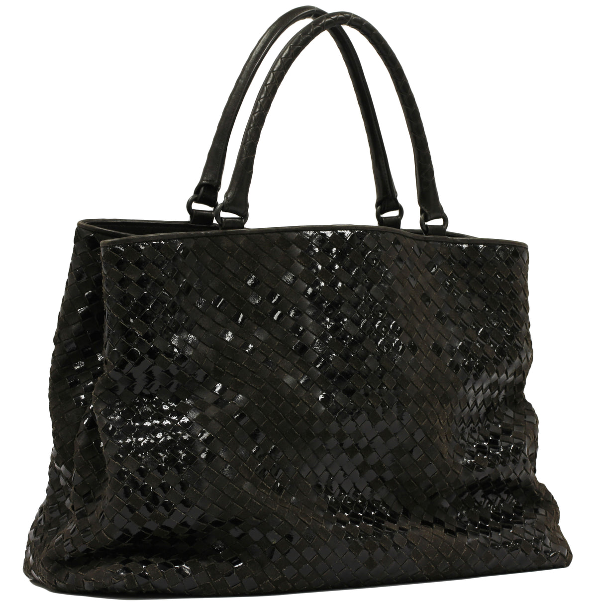 Bottega Veneta Brown Suede and Black Patent Leather Intrecciato Large Tote Bag NWT