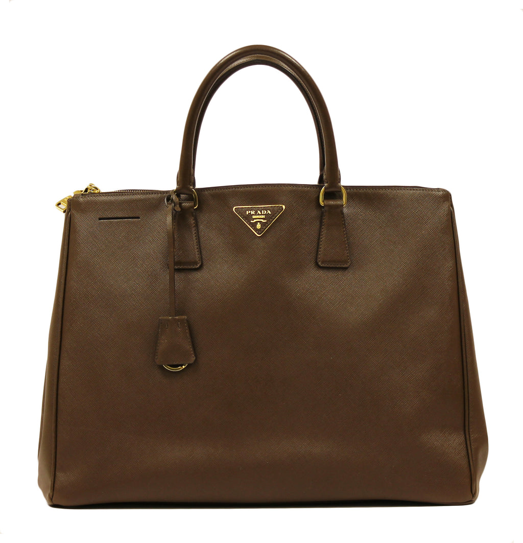 Prada Brown Leather Saffiano Lux Double-Zip Large Tote Bag