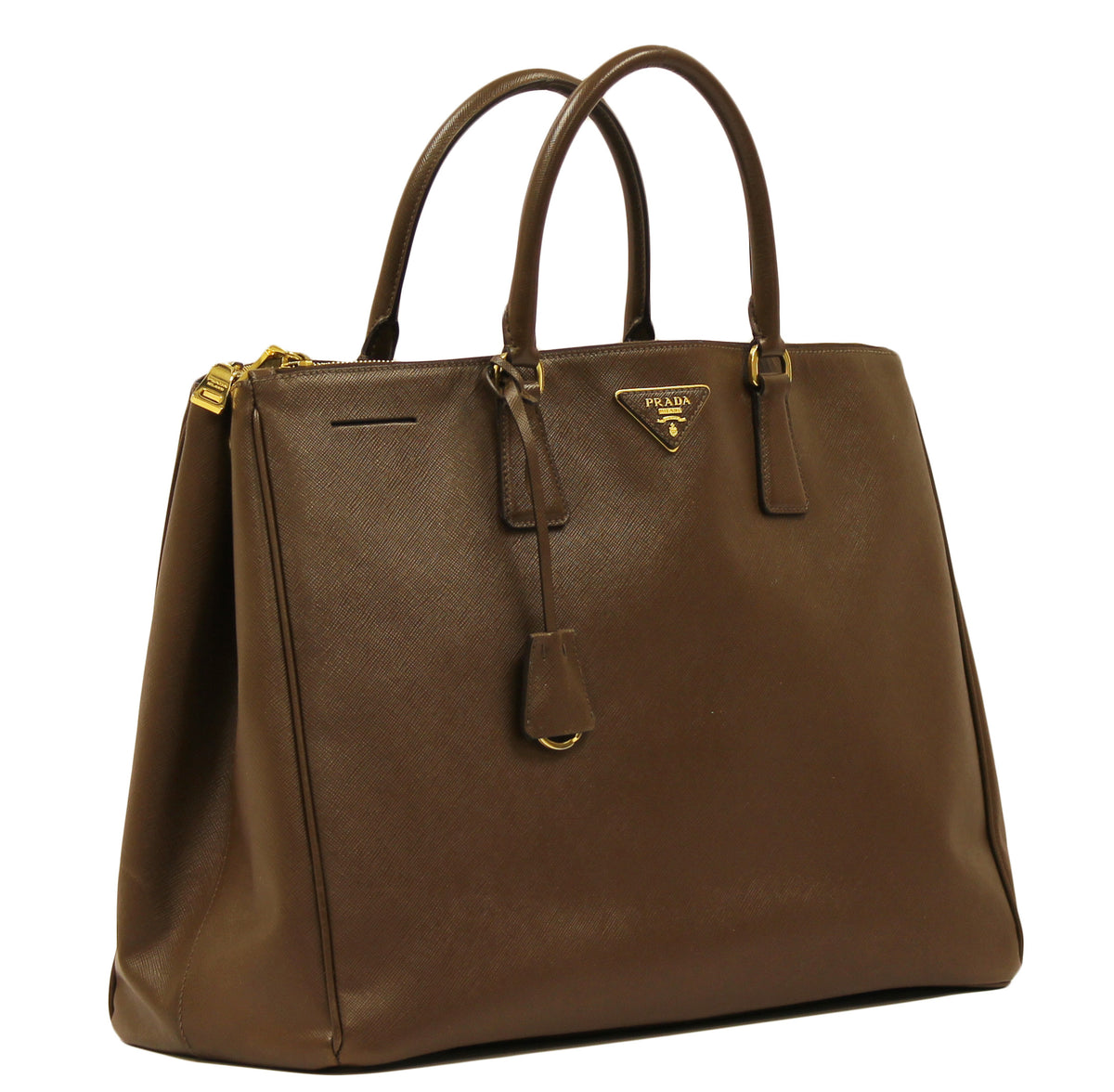 Prada Brown Leather Saffiano Lux Double-Zip Large Tote Bag