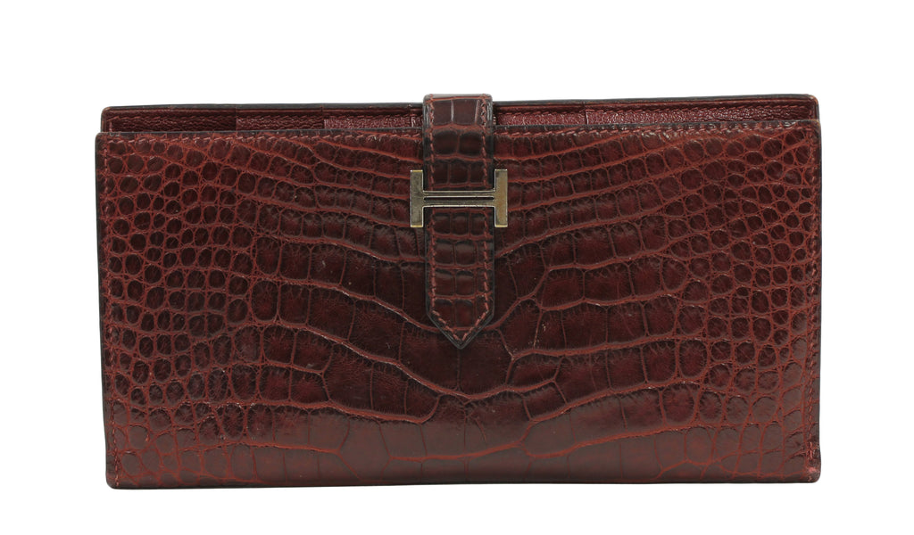 Hermes Matte Rouge H Alligator Bearn Bi-fold Wallet with Palladium Hardware