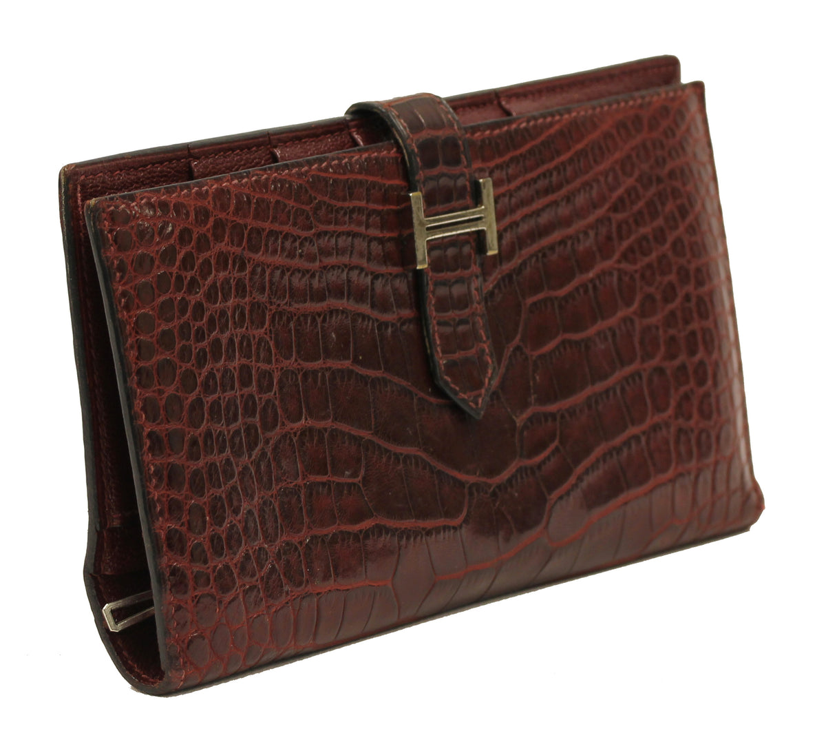 Hermes Matte Rouge H Alligator Bearn Bi-fold Wallet with Palladium Hardware