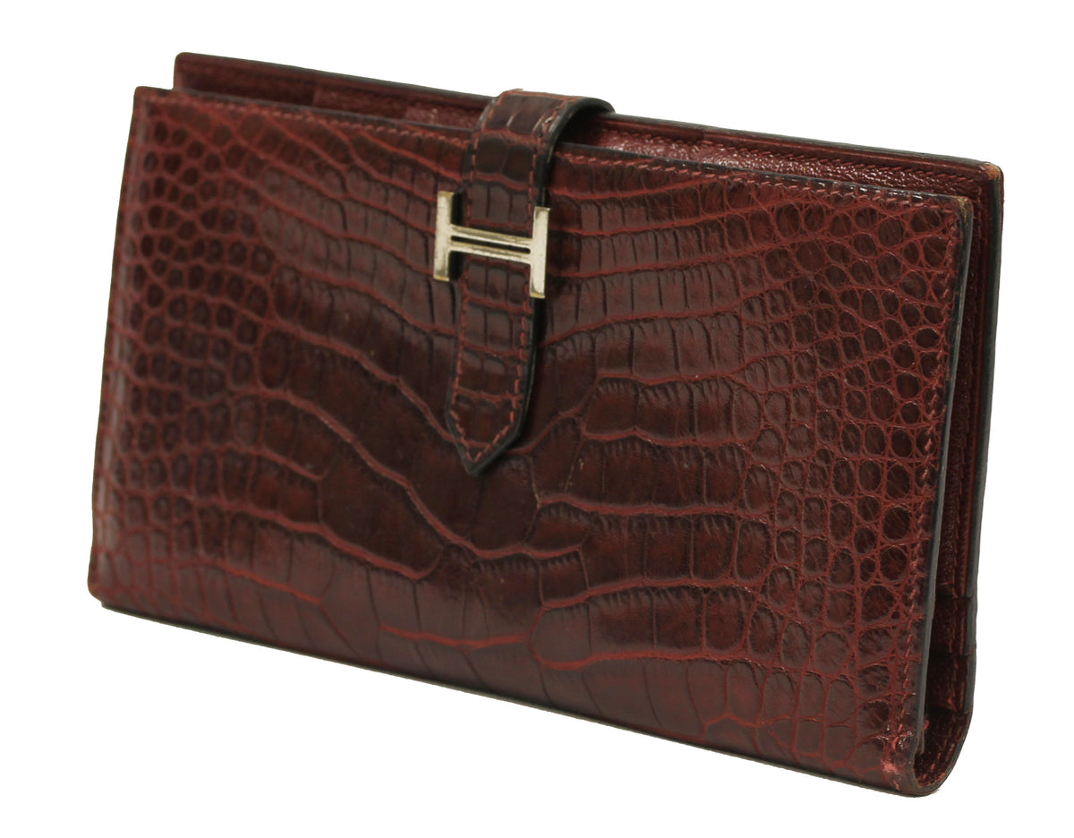 Hermes Matte Rouge H Alligator Bearn Bi-fold Wallet with Palladium Hardware