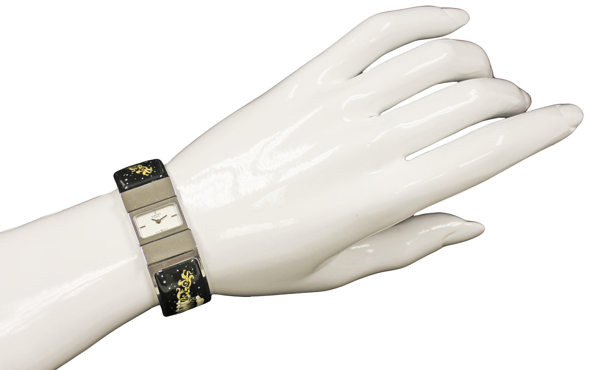 Hermès Silver Loquet Watch with Black & White Enamel Bangle