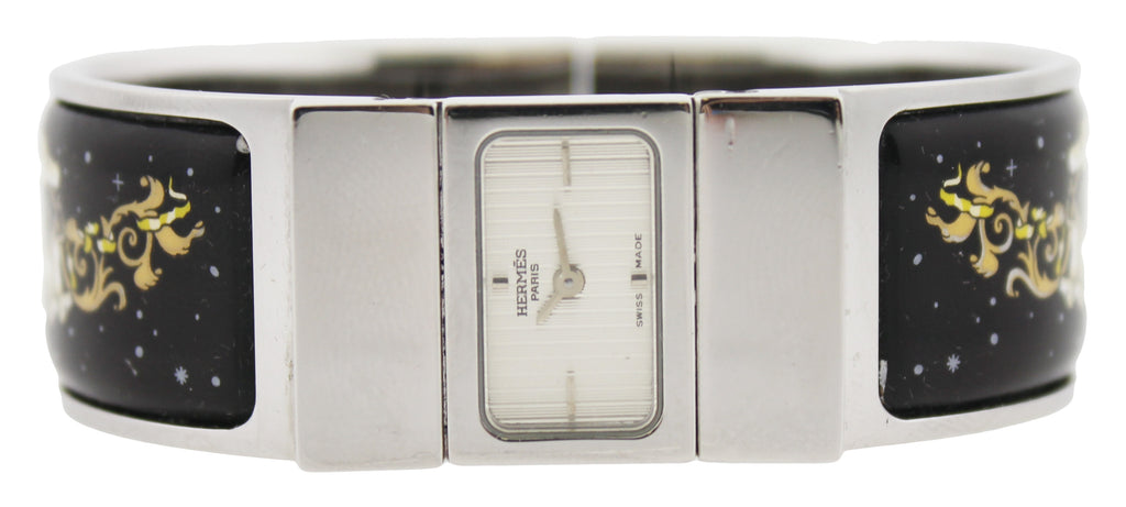 Hermès Silver Loquet Watch with Black & White Enamel Bangle