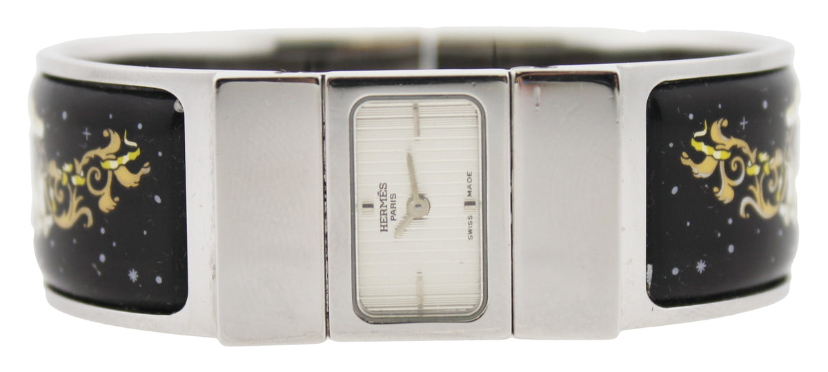 Hermès Silver Loquet Watch with Black & White Enamel Bangle