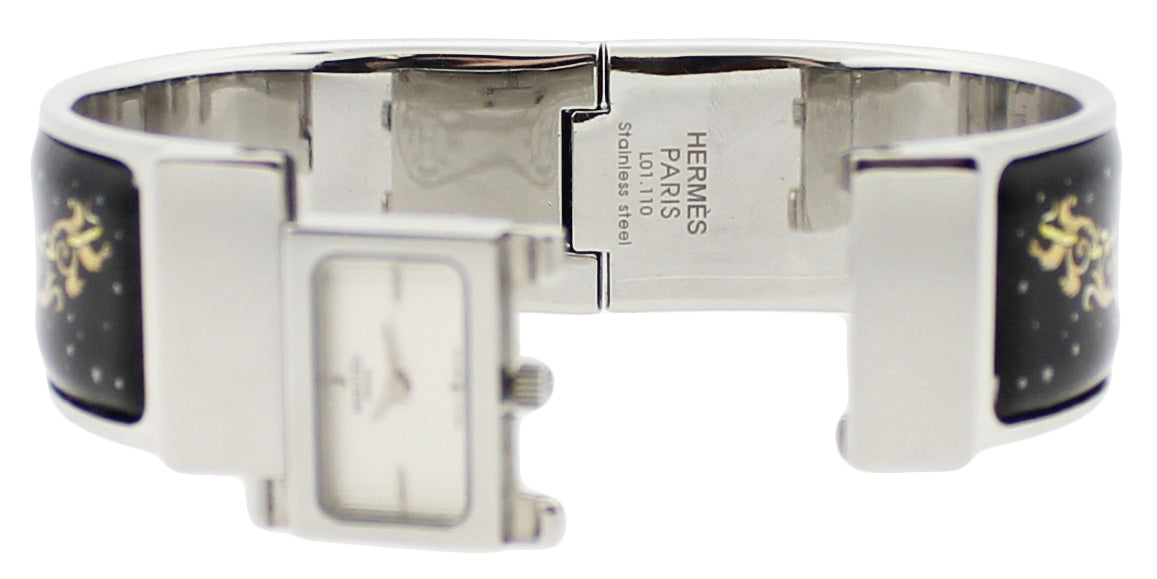 Hermès Silver Loquet Watch with Black & White Enamel Bangle