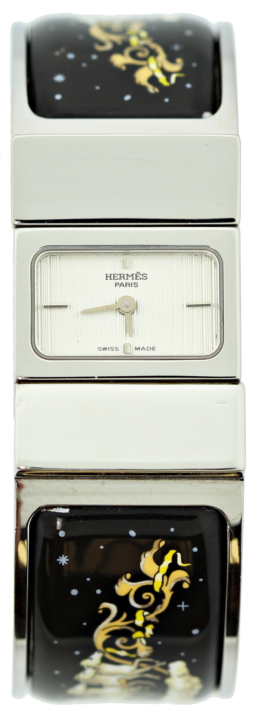 Hermès Silver Loquet Watch with Black & White Enamel Bangle