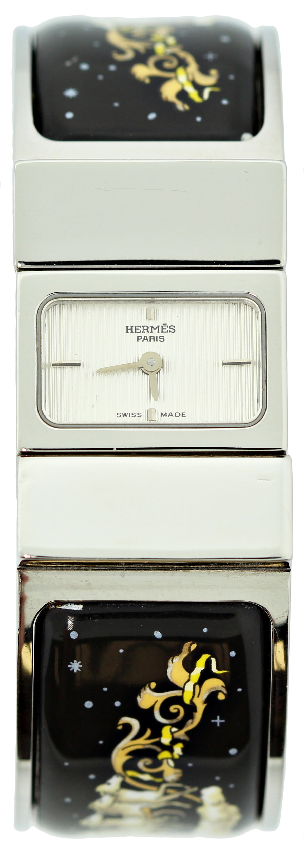 Hermès Silver Loquet Watch with Black & White Enamel Bangle