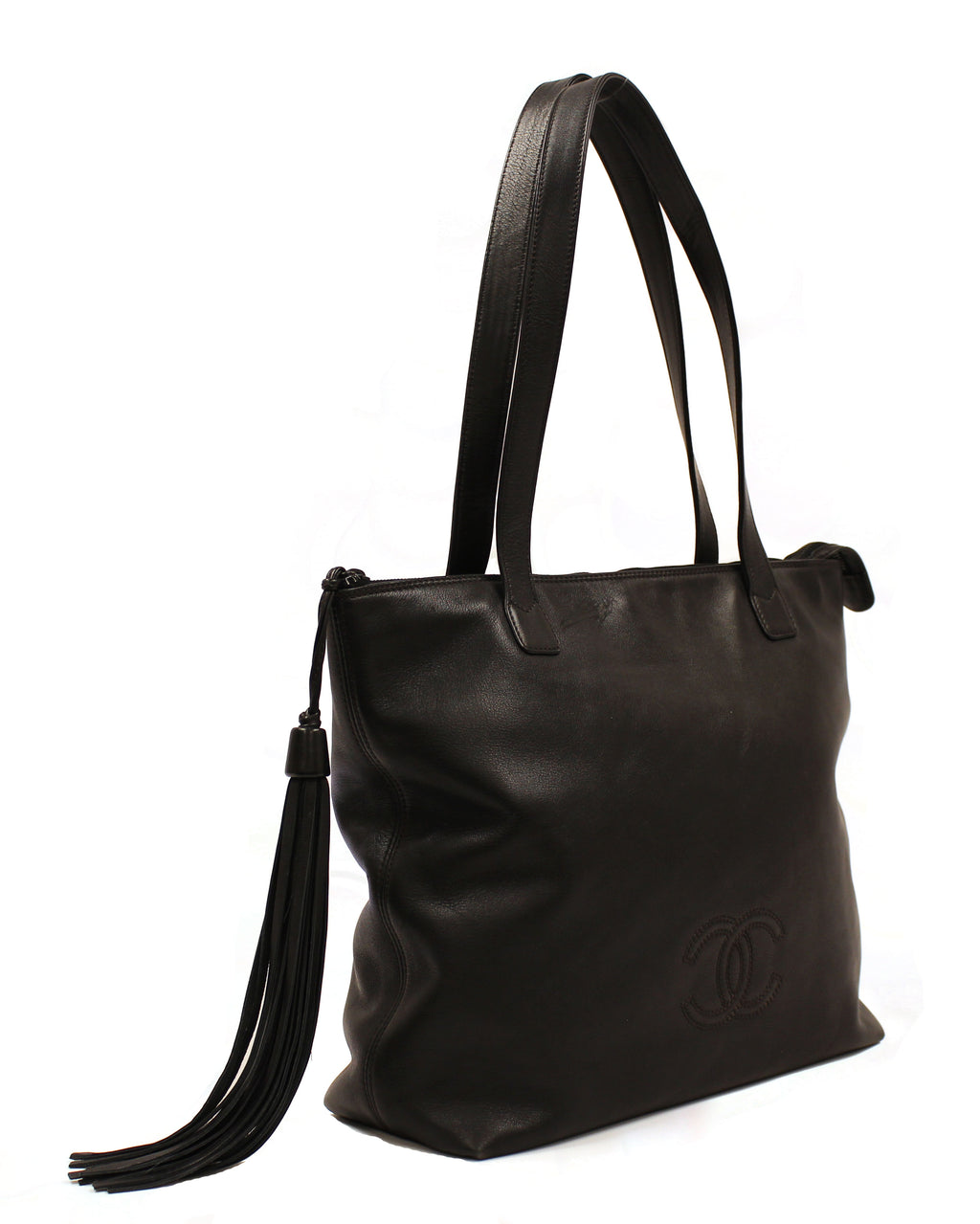 Chanel Black Lambskin Leather Tassel Tote Bag