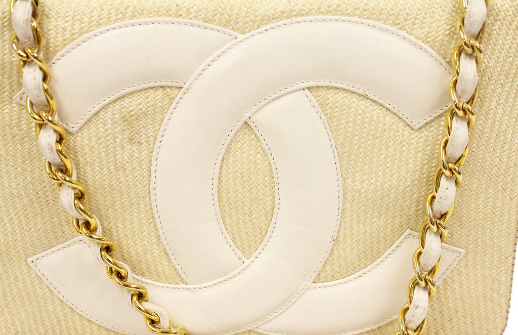 Chanel Beige Straw and Leather Shoulder Bag Gold Chain CC