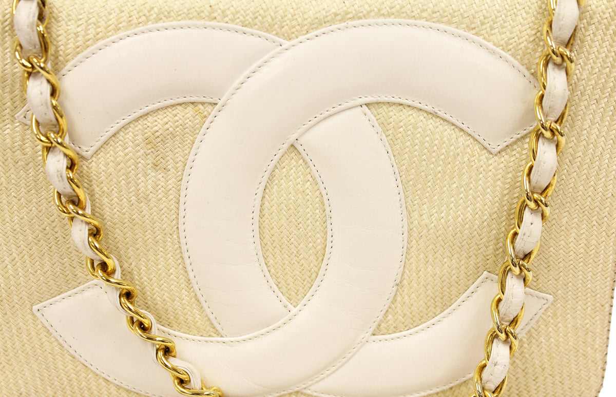 Chanel Beige Straw and Leather Shoulder Bag Gold Chain CC