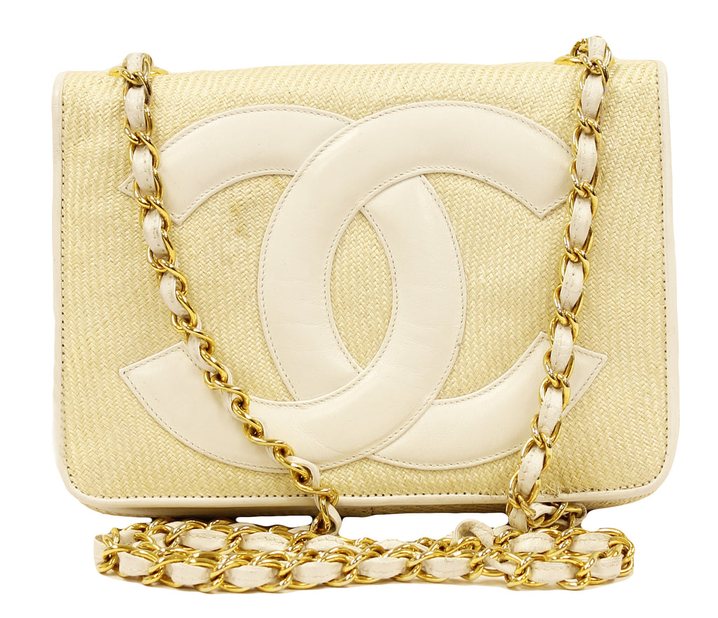 Chanel Beige Straw and Leather Shoulder Bag Gold Chain CC