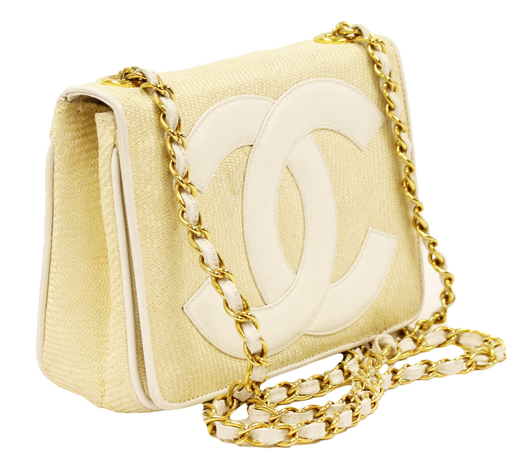 Chanel Beige Straw and Leather Shoulder Bag Gold Chain CC
