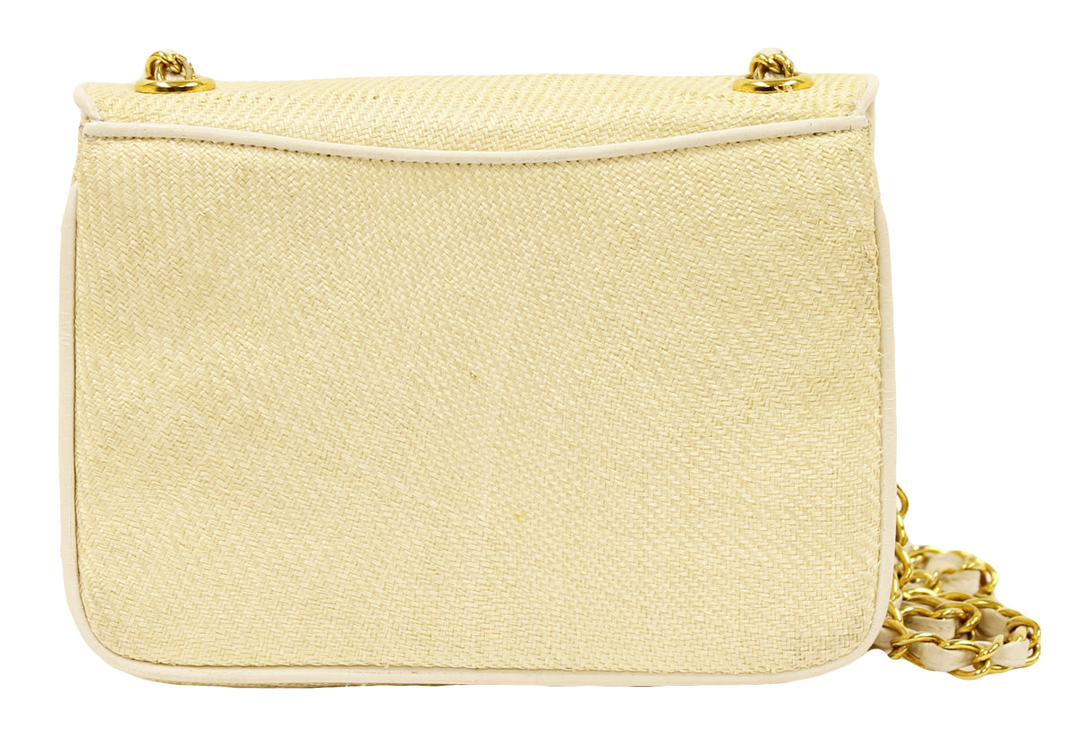 Chanel Beige Straw and Leather Shoulder Bag Gold Chain CC