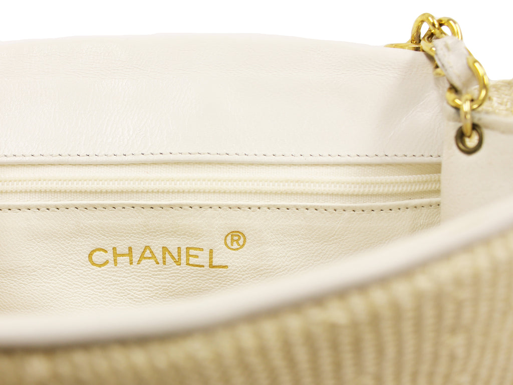 Chanel Beige Straw and Leather Shoulder Bag Gold Chain CC