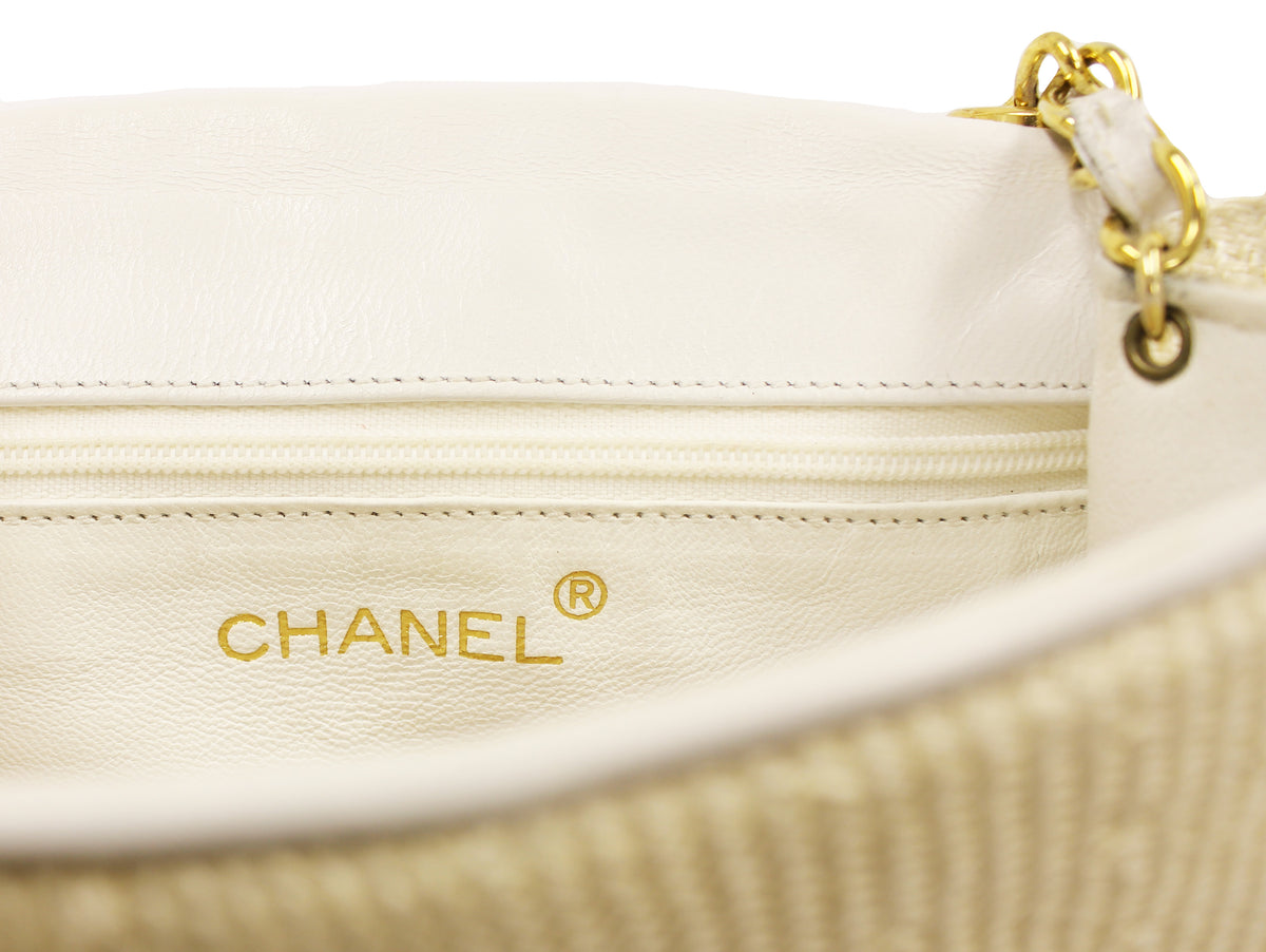 Chanel Beige Straw and Leather Shoulder Bag Gold Chain CC
