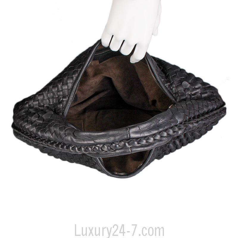 Bottega Veneta Black Large Ruffle  Intrecciato Leather Hobo Bag