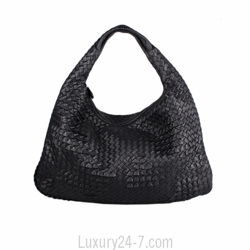 Bottega Veneta Black Large Ruffle  Intrecciato Leather Hobo Bag