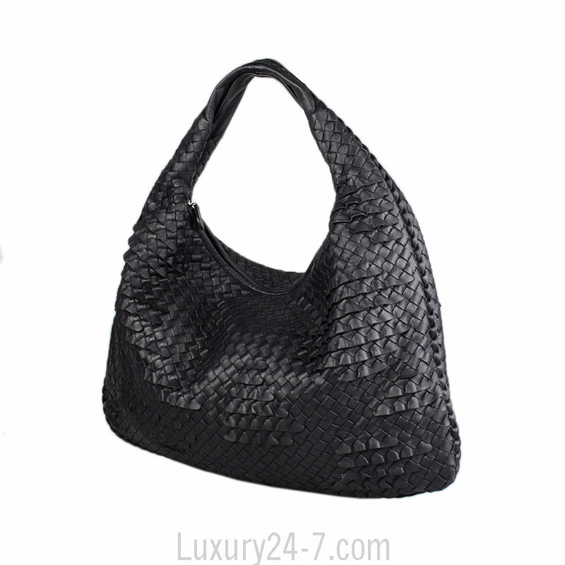 Bottega Veneta Black Large Ruffle  Intrecciato Leather Hobo Bag