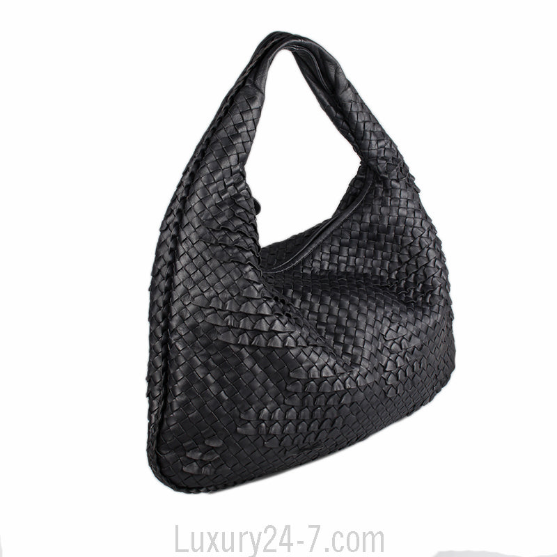 Bottega Veneta Black Large Ruffle  Intrecciato Leather Hobo Bag