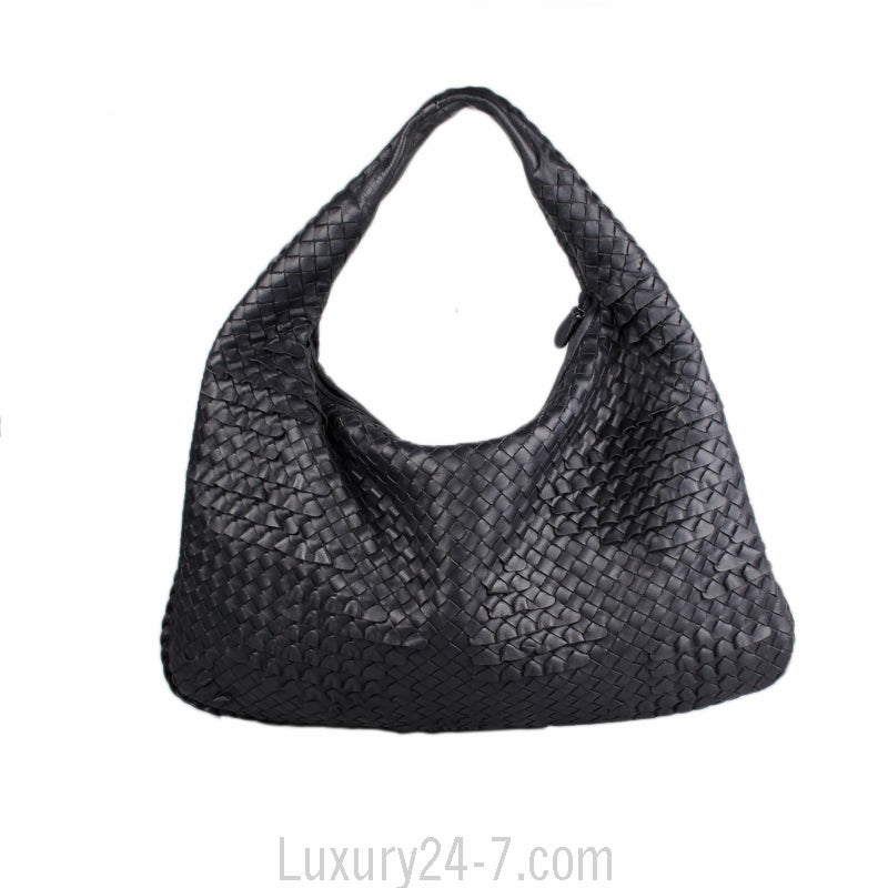 Bottega Veneta Black Large Ruffle  Intrecciato Leather Hobo Bag