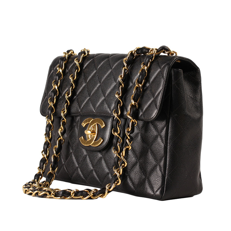 Chanel Black Quilted Caviar Leather Jumbo Classic Single Flap Shoulder Bag GHW