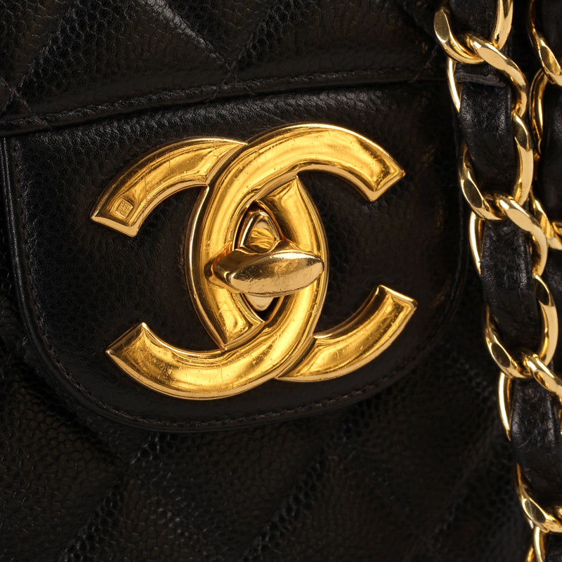 Chanel Black Quilted Caviar Leather Jumbo Classic Single Flap Shoulder Bag GHW
