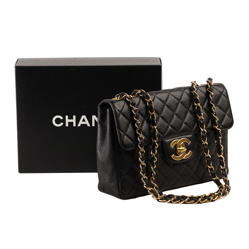 Chanel Black Quilted Caviar Leather Jumbo Classic Single Flap Shoulder Bag GHW