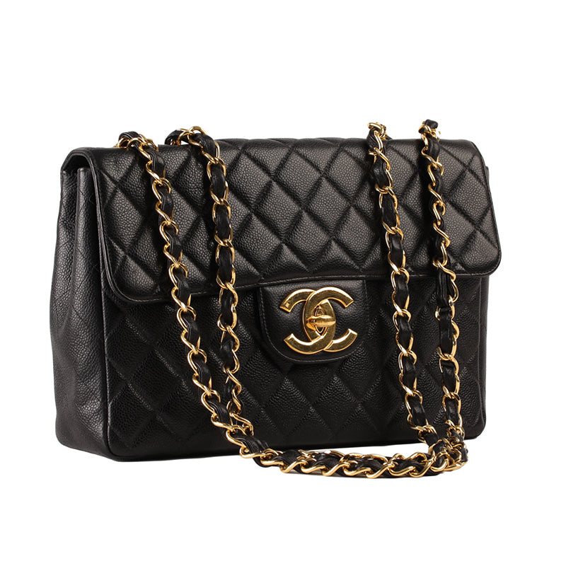 Chanel Black Quilted Caviar Leather Jumbo Classic Single Flap Shoulder Bag GHW