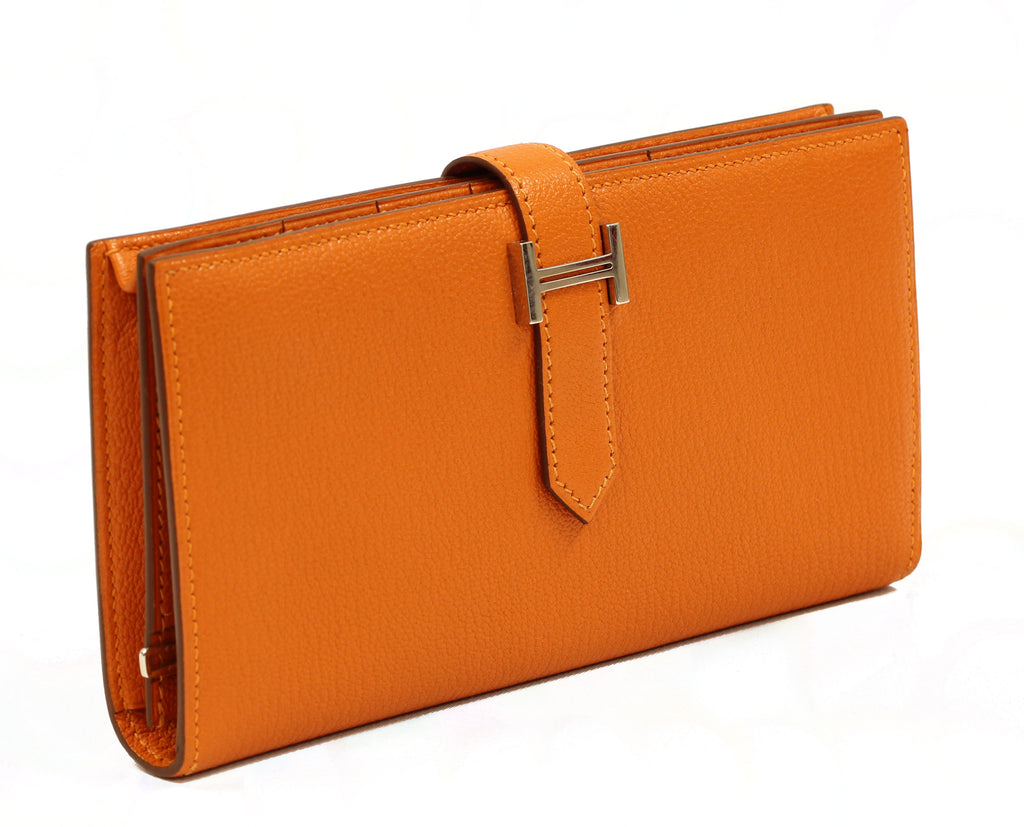 Hermès " H" Logo Beant Bifold Long Wallet Purse Orange Couchevel