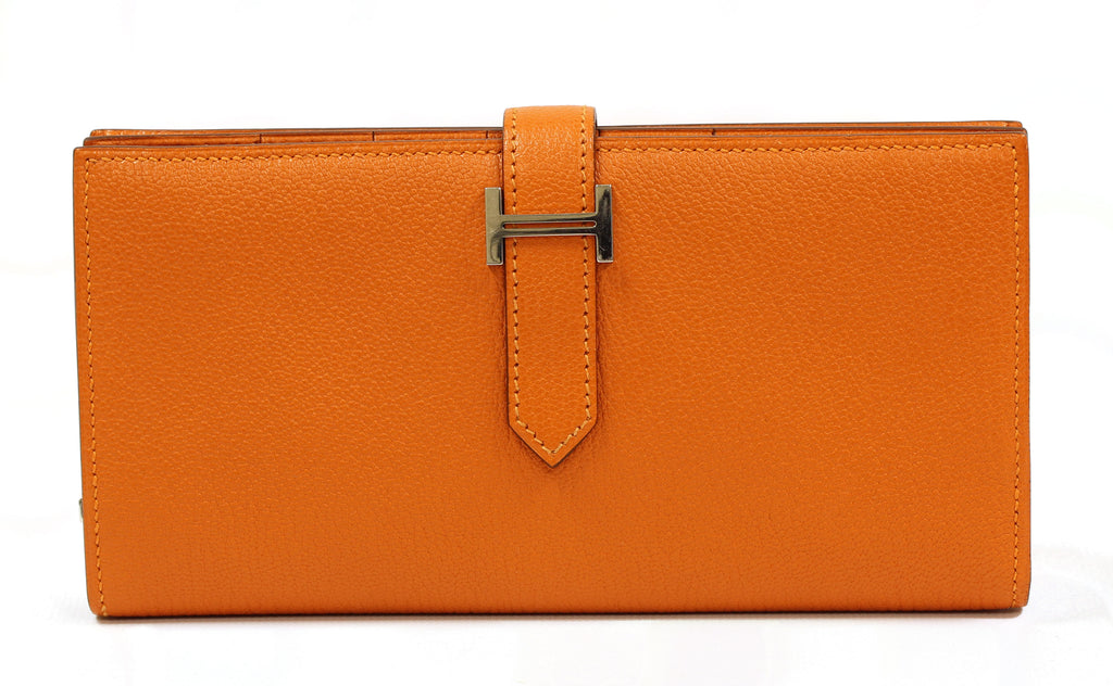 Hermès " H" Logo Beant Bifold Long Wallet Purse Orange Couchevel