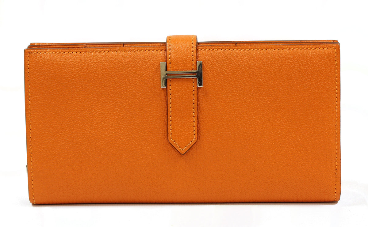 Hermès " H" Logo Beant Bifold Long Wallet Purse Orange Couchevel