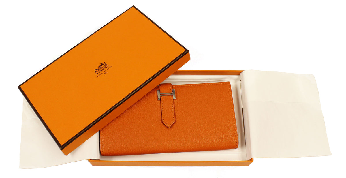 Hermès " H" Logo Beant Bifold Long Wallet Purse Orange Couchevel