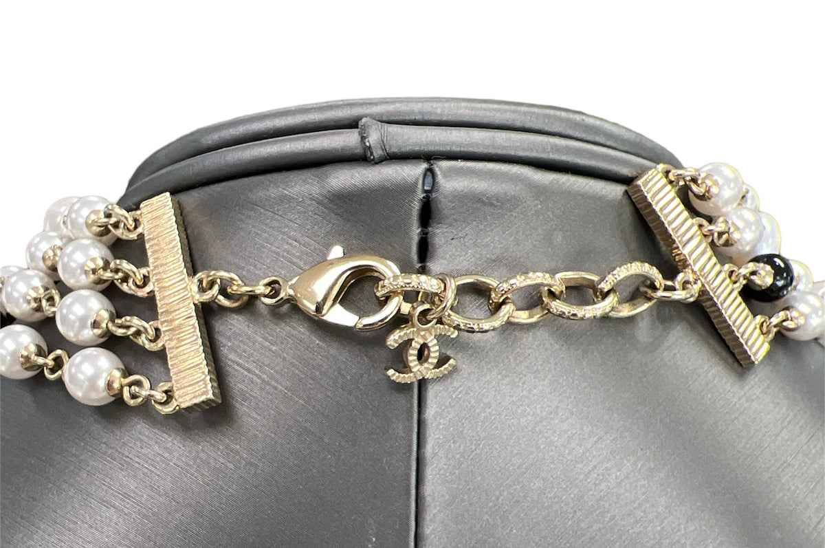 Chanel Multi Strand CC Necklace Crystal Embellished Metal with Faux Pearls