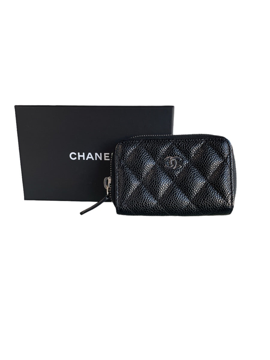 Chanel Black Caviar Zipper Card Case With Silver Hardware