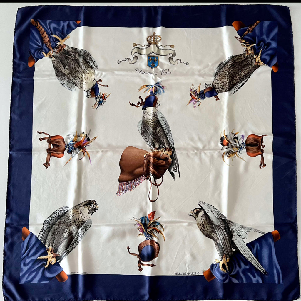 Hermes White Chasse A Vol Henri De Linares Silk 90 Scarf
