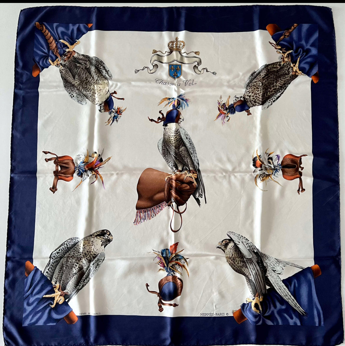 Hermes White Chasse A Vol Henri De Linares Silk 90 Scarf