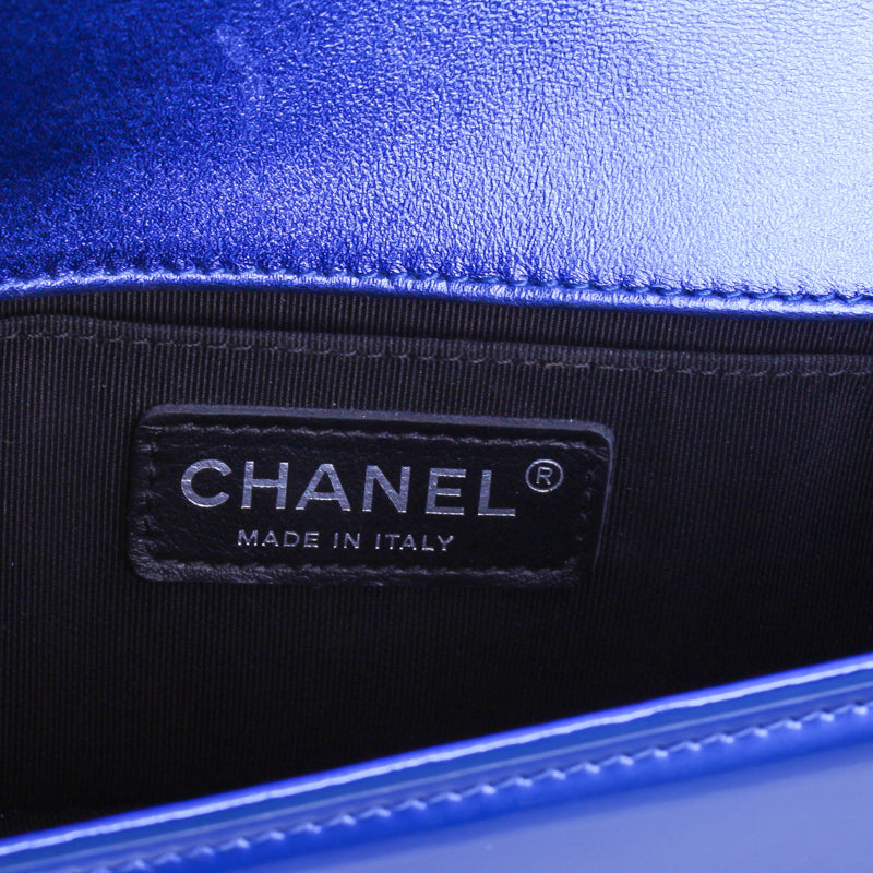 Chanel Small Metallic Blue Patent Leather Boy Bag