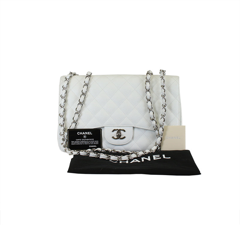 Chanel Classic White Caviar Jumbo Single Flap Bag SHW