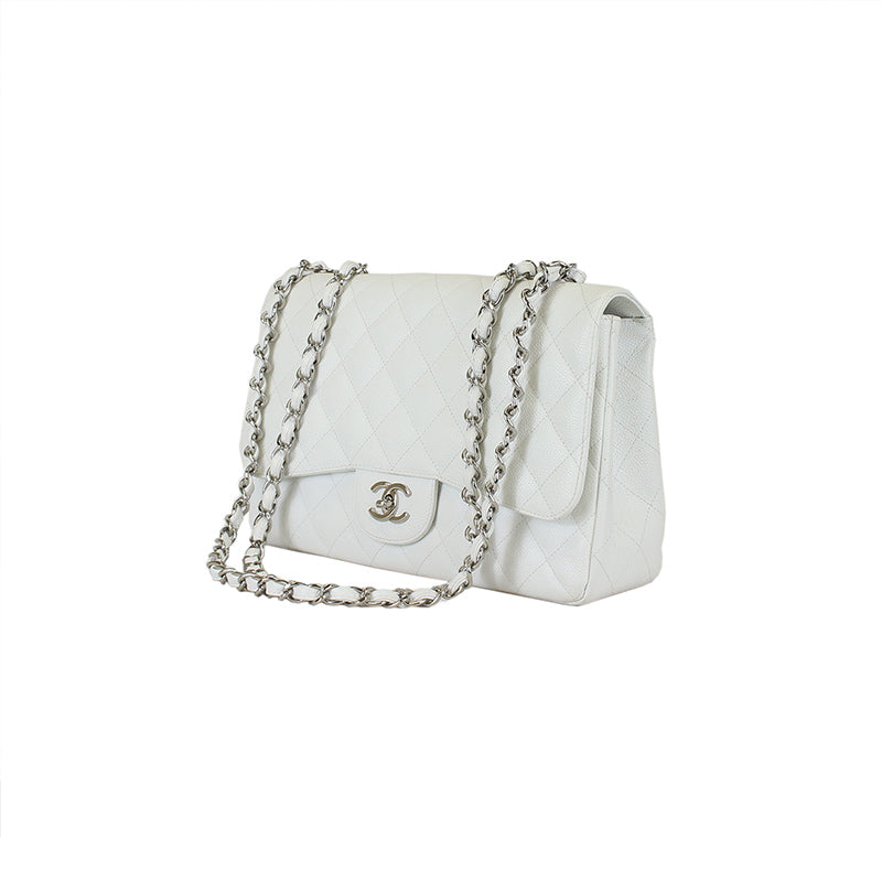 Chanel Classic White Caviar Jumbo Single Flap Bag SHW